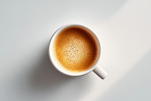 Frothy coffee in a white cup from above, a Food & Drink Photo by AlyaAnd
