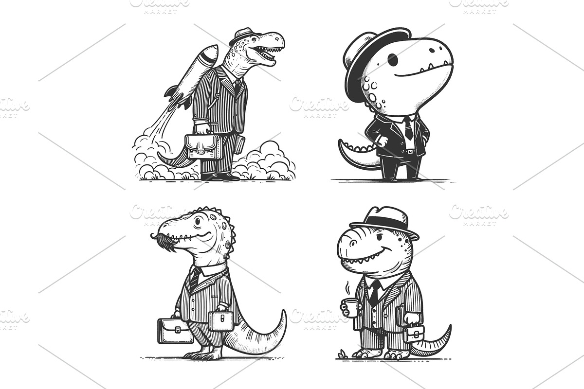 Dinosaur businessman engraving, a Finance Illustration by AlexArt