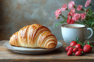 Freshly baked croissant with strawbe, a Photo by Tanuart
