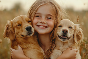 Girl hugging two Golden Retrievers o, an Animal Photo by Pixeness Studio
