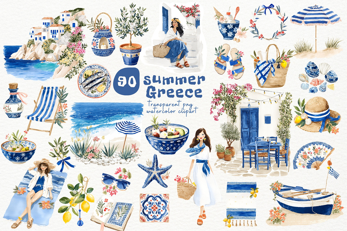 Summer Greece Watercolor Clipart, a Seasonal Illustration by Nicolle's Colorful Art (Photo 1 of 5)