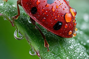 Ladybug on Dew-Covered Leaf Nature M, a Photo by Pixeness Studio