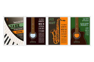 4 retro posters,  jazz, live music, an Illustration by Pgmart