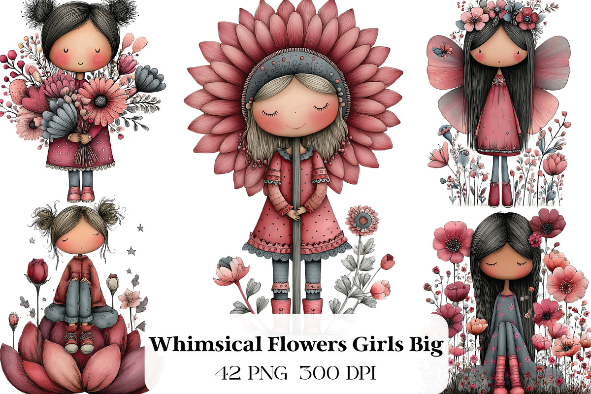 Whimsical Flowers and Girls Big Clip, an Illustration by CraftArtStudio (Photo 1 of 6)