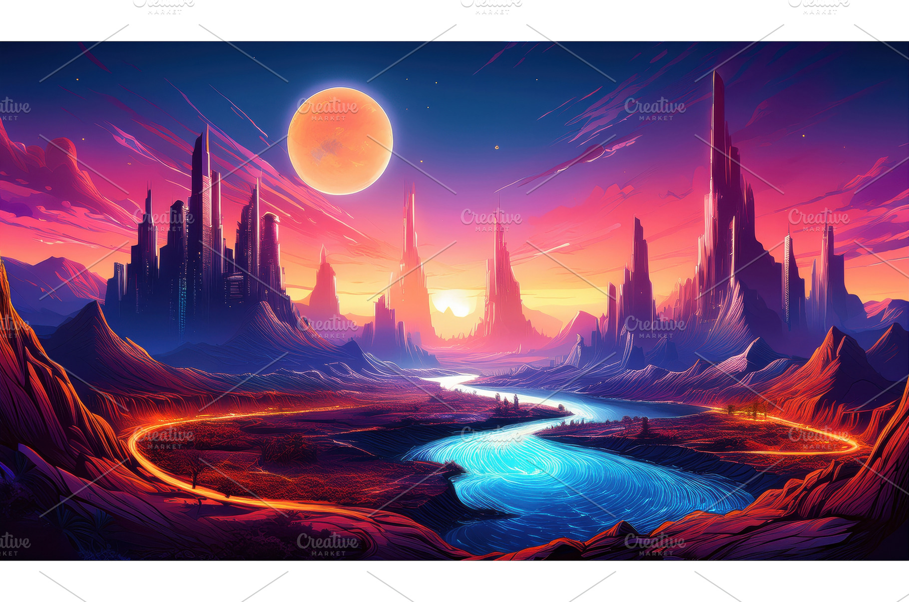 A fantasy cityscape with glowing, an Architecture Photo by Igor Tichonow