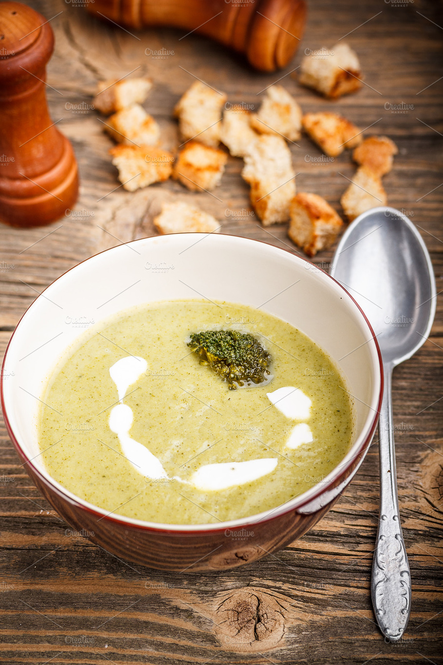 Broccoli Soup Containing Bowl Bread And Broccoli