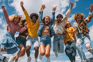 Happy friends jumping joyfully outdo, a Photo by Pixeness Studio
