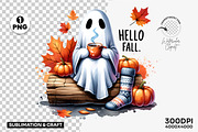 Hello Fall Ghost Pumpkin Clipart PNG, a Seasonal Illustration by Creative Arslan (Thumbnail 1 of 3)