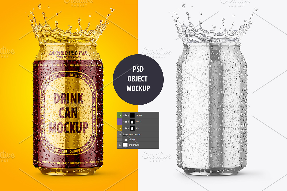 Metallic Beer Can Mockup with Splash, a Packaging Mockup by LoopAll (Photo 1 of 2)