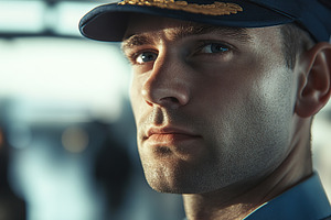 Portrait of airline captain standing in airport, a Person Photo by AlyaAnd