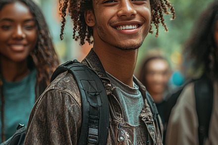 Smiling college student outdoors with friends holding books on a campus day, a Photo by AS photostudio