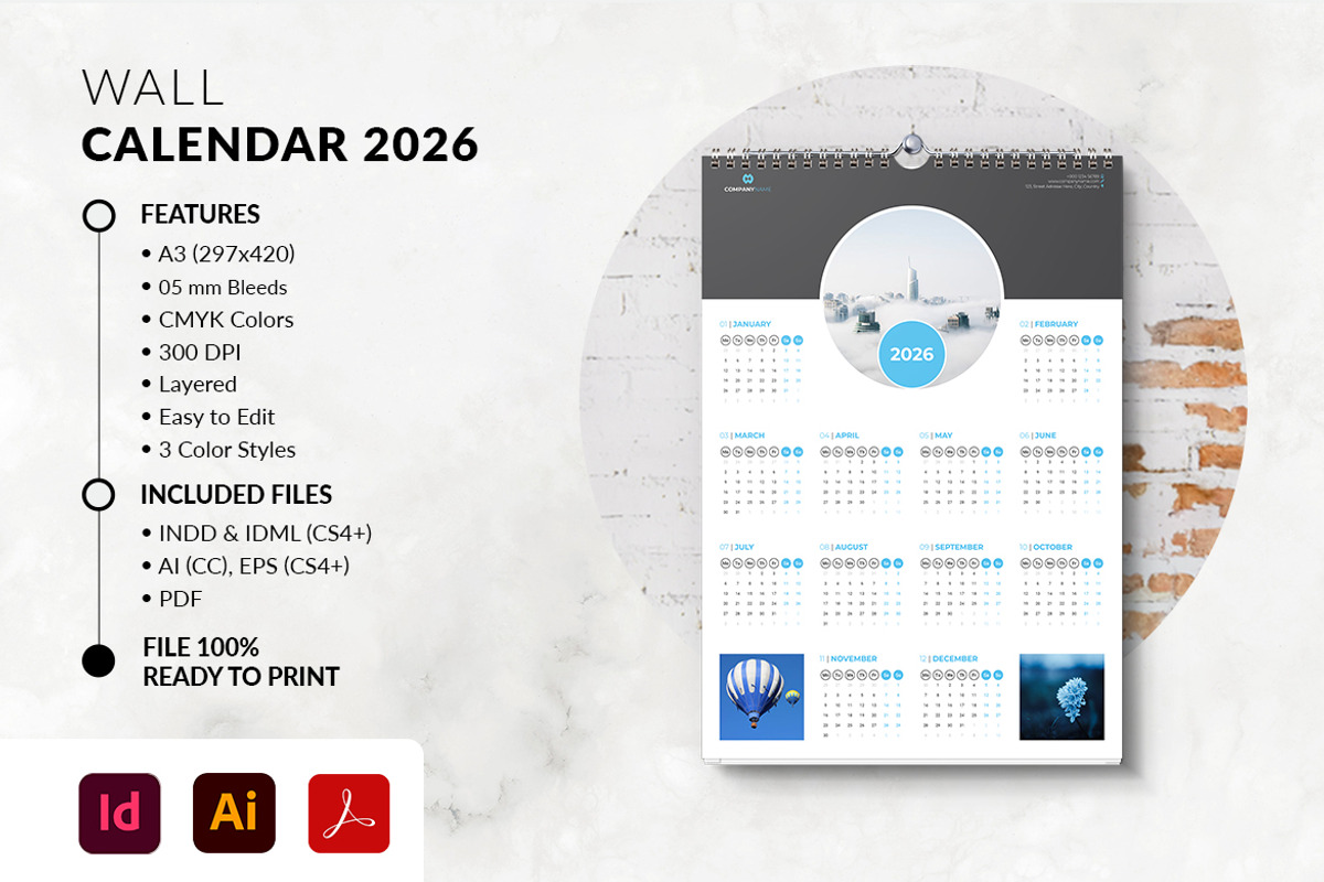 Printable 2026 Calendar A3 Size, a Stationery Template by MstArtwork (Photo 1 of 4)