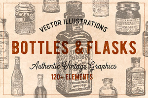120 Vintage Bottles, Flasks & Vials, an Illustration by Brigantine Designs