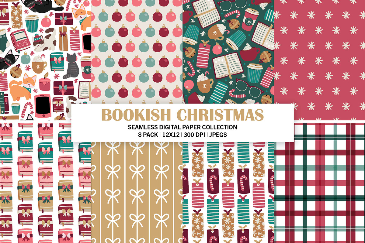 Bookish Christmas Seamless Patterns, a Pattern Graphic by Alanna Messina Design Co (Photo 1 of 8)