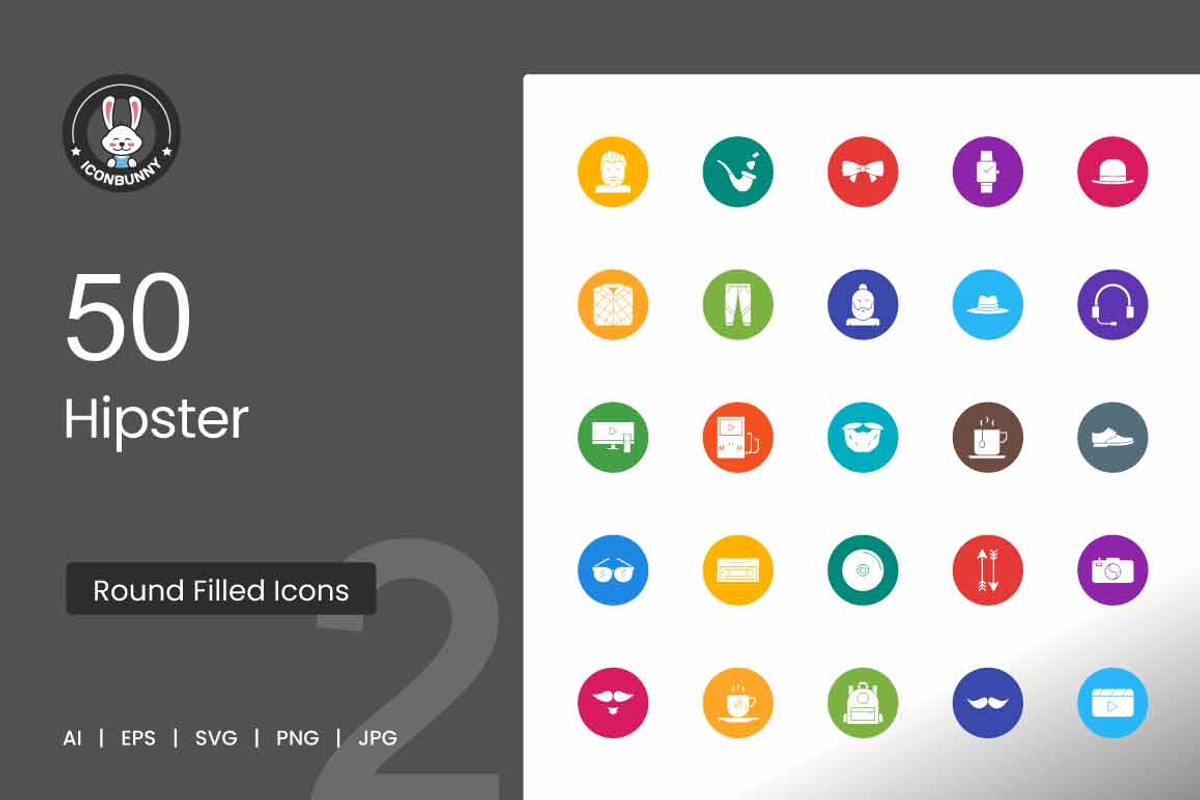 50 Hipster Flat Round Icons, an Icon by IconBunny (Photo 1 of 2)