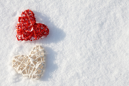 Red and white valentine hearts in snow containing winter, heart, and snow, a Holiday Photo by Foodie's Shop