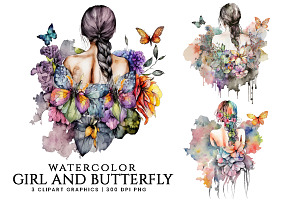 Watercolor Girl's Back And Butterfly