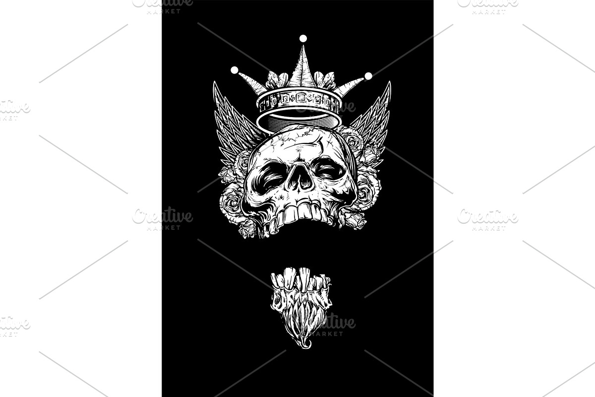 Winged King Skull with Roses and Crown, an Illustration by Mak_Art