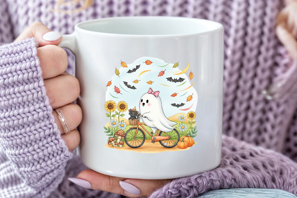 Halloween Fall Ghost Cat Flowers Aut, an Illustration by DreamArtGraphic (Photo 3 of 4)