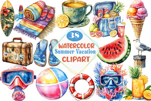 Watercolor Summer Vacation Clipart, an Illustration by DreamCafeArt