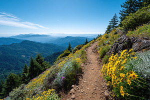 Hiking trail offering stunning mountain views and vibrant wildflowers in summer, a Nature Photo by AlyaAnd