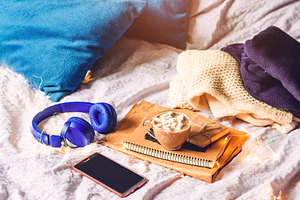 home cosiness. work at home in bed. 