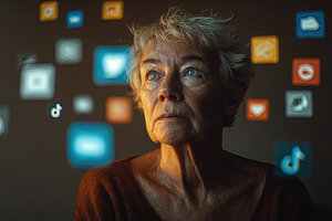 Portrait of thoughtful elderly woman surrounded by glowing digit, an Abstract Photo by Ales Munt
