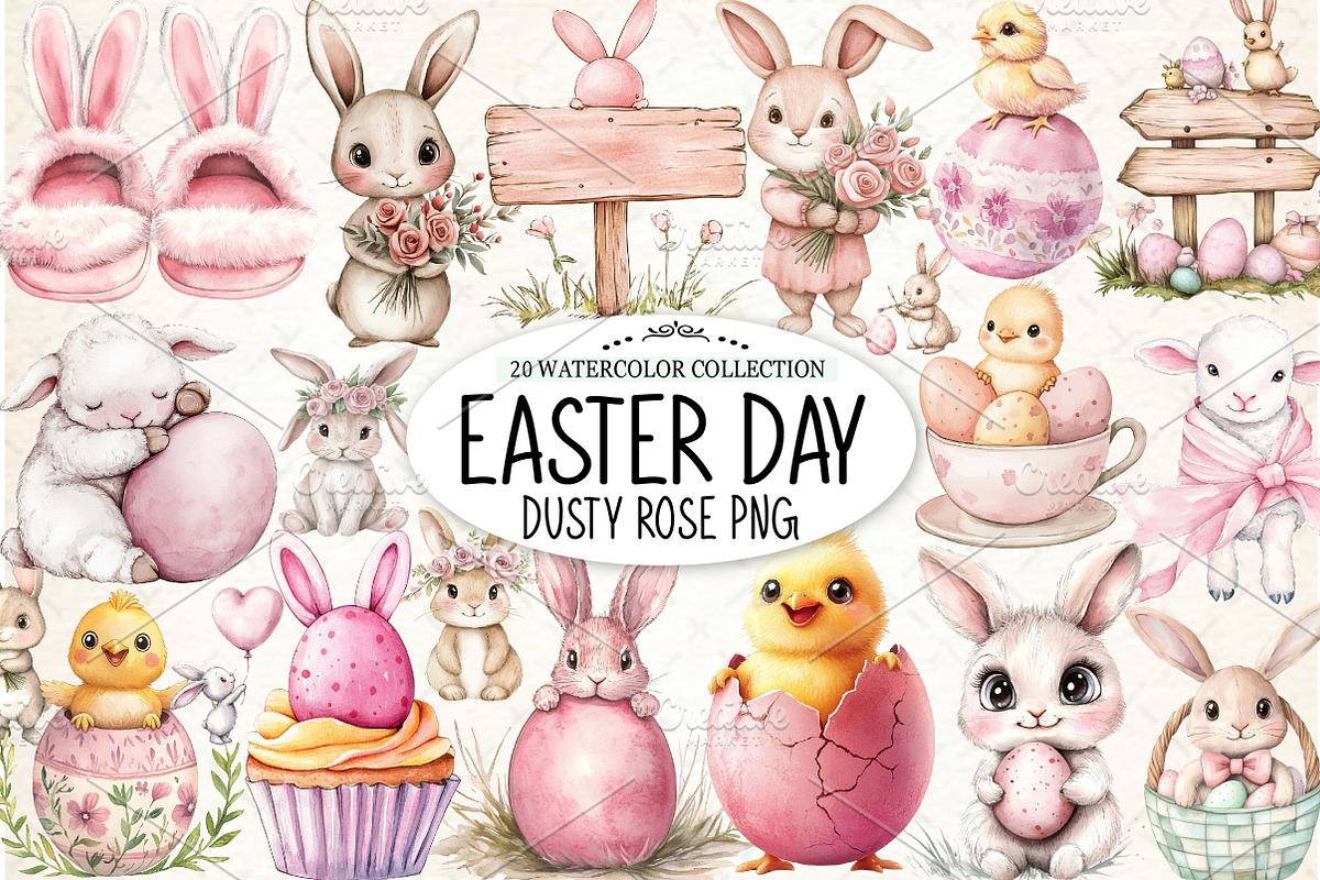 Vintage Dusty Rose Easter Clipart, an Illustration by Watercolor design (Photo 1 of 4)