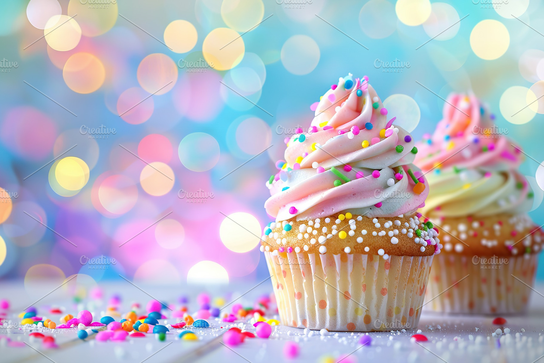 Tasty cupcakes with butter cream and sprinkles on blurred lights background, a Food & Drink Photo by AlyaAnd