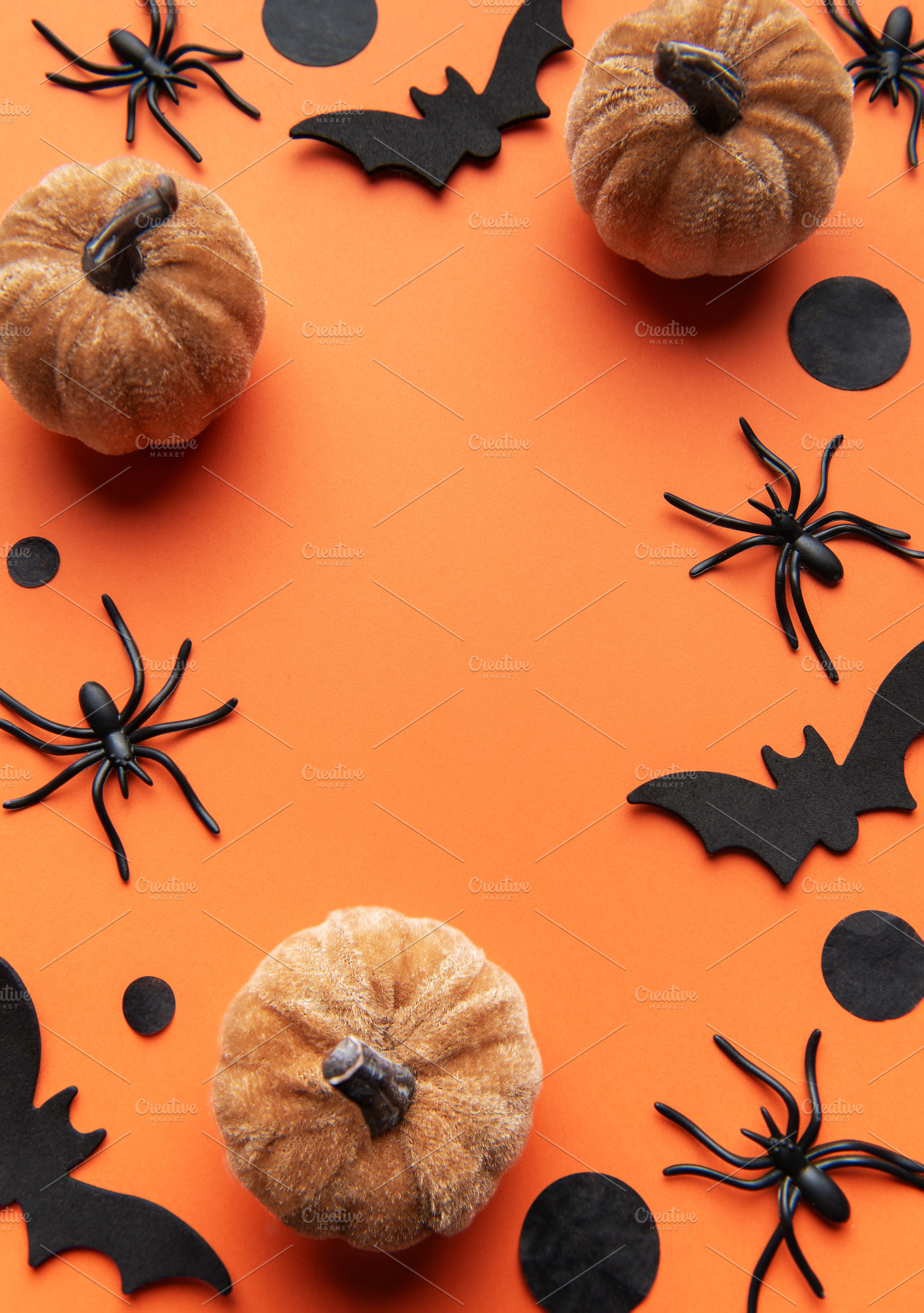 Halloween decor with pumpkins, spiders, bats on orange backgroun, a Holiday Photo by Olena Rudo