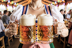 Bavarian waitress holds frothy beer, a Photo by rarrarorro
