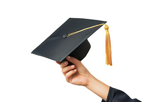 Black graduation cap in female hand on white background, a Photo by AlyaAnd