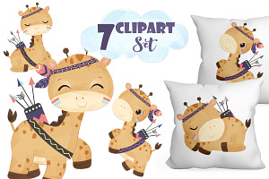 Cute Bohemian Giraffe Clipart Set