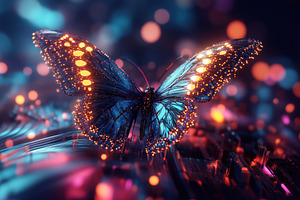 A vibrant, digitally rendered butterfly with glowing wings, surrounded by color, an Animal Photo by Textures & Backgrounds