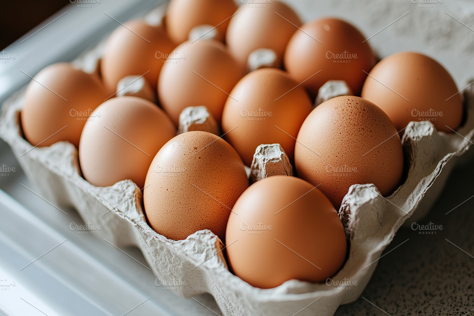 Fresh brown eggs in carton box, a Food & Drink Photo by AlyaAnd