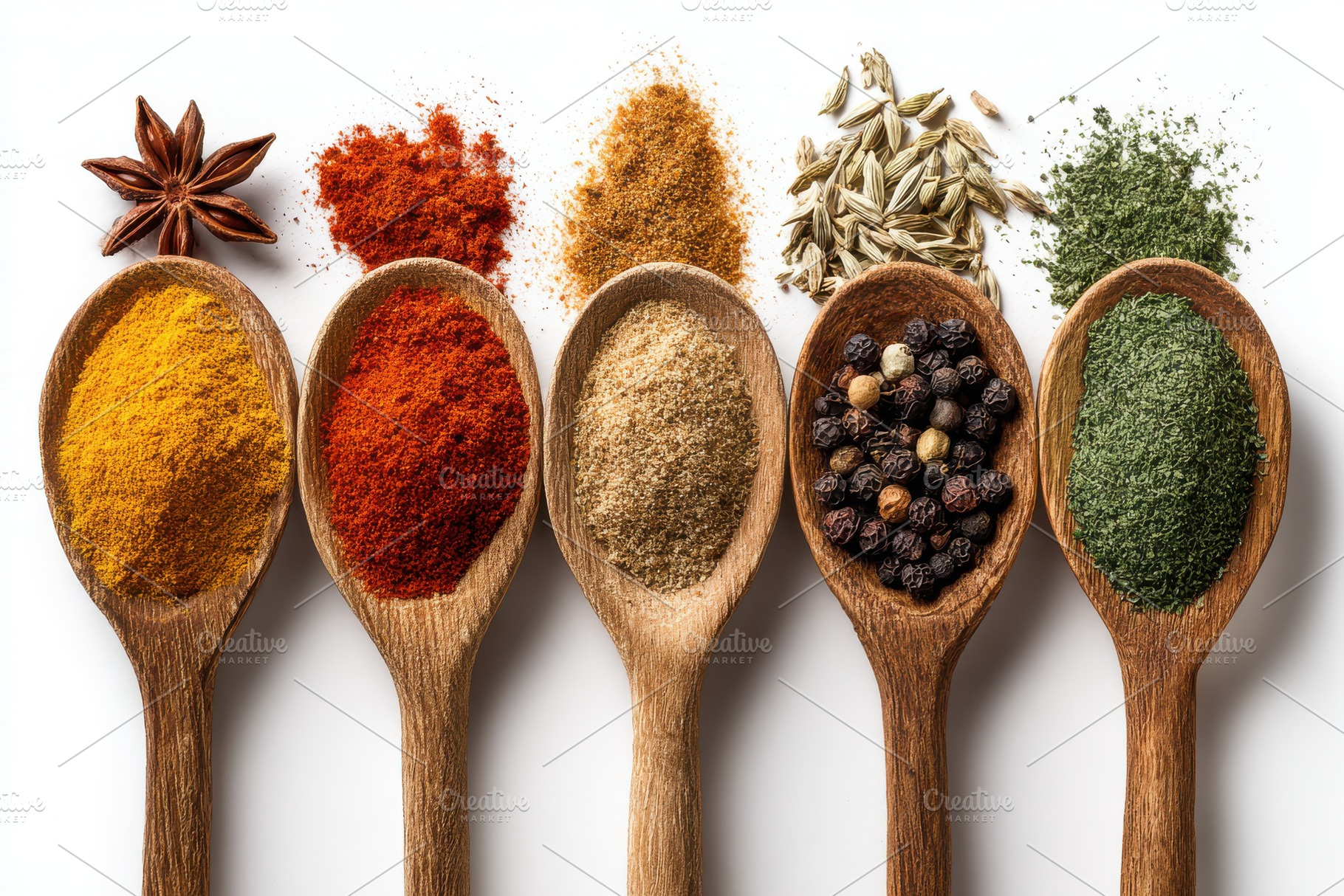 Aromatic Spices in Wooden Spoons Cul, a Photo by Pixeness Studio