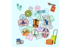 Vector Concept Illustration With Post Marks And Immigration Stamps All Over The World And Cartoon Baggage, Camera And Flip Flops