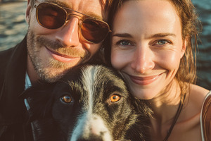 Happy Couple Taking Selfie with Dog by Riverside at Sunset Warm, a Person Photo by José Manuel Gelpi