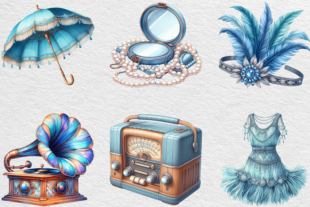 Watercolor Blue 1920s Summer Clipart, an Illustration by Black Bird Studio (Photo 5 of 6)