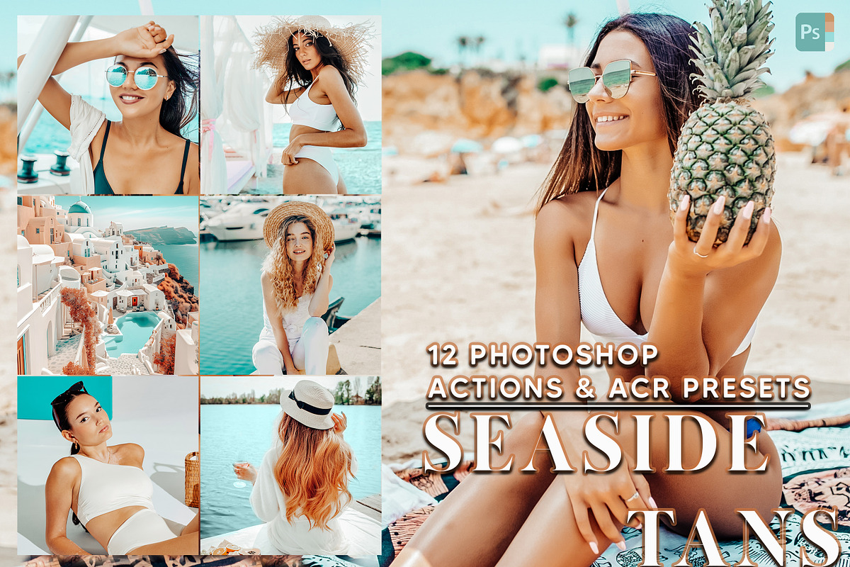 12 Seaside Tans Photoshop Actions, an Action Add-On by Hue Palettte Studio (Photo 1 of 10)
