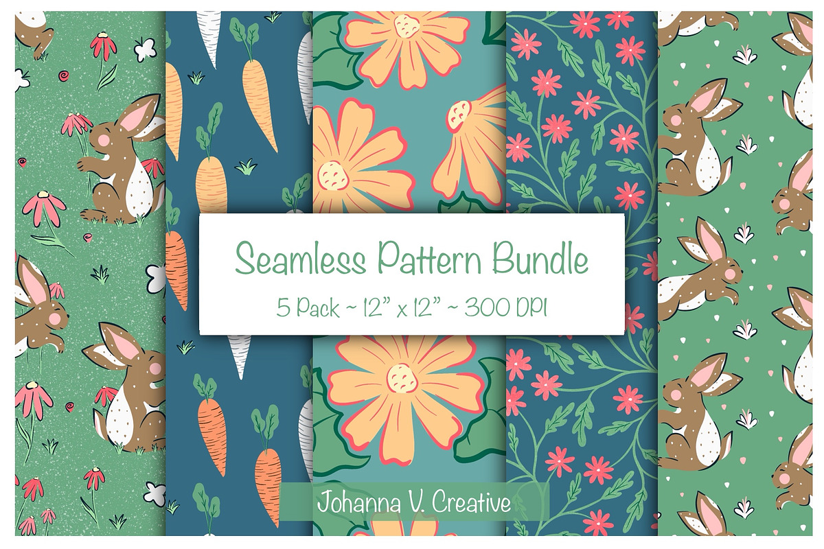 Cute Bunny & Floral Seamless Pattern, an Illustration by Johanna V. Creative (Photo 1 of 7)