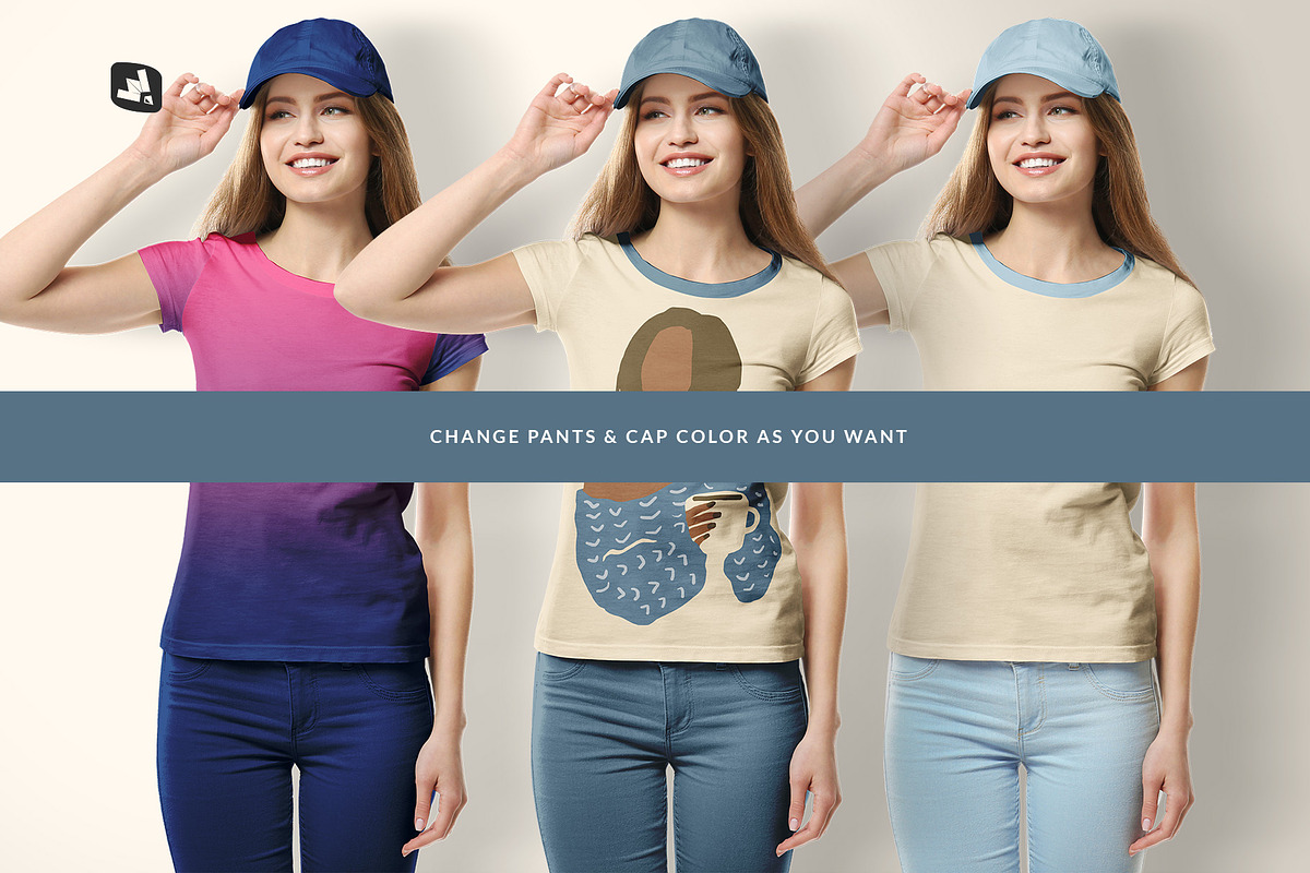 Women's Tshirt With Cap Mockup, a Shirt Mockup by Designertale (Photo 5 of 12)