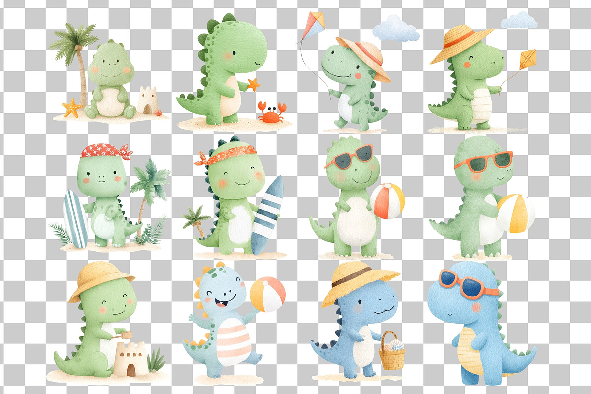 Beach Dino Watercolor Clipart PNG, a Seasonal Illustration by Nicolle's Colorful Art (Photo 4 of 4)