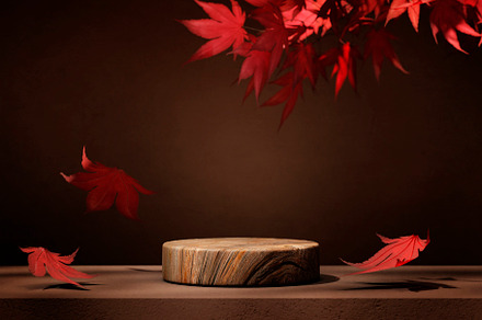 Autumn background scene with red maple leaves and wooden podium