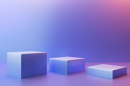 Three cubic pedestals on a pink-blue background