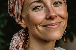 Smiling mature woman wearing patterned headscarf in garden, a Person Photo by José Manuel Gelpi