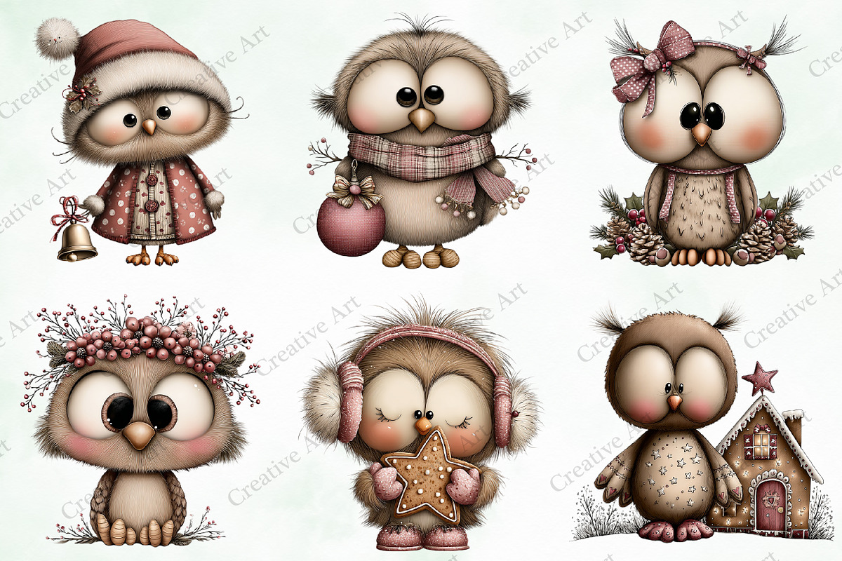 Watercolor Christmas Owls Clipart, an Illustration by Creative Art (Photo 2 of 10)