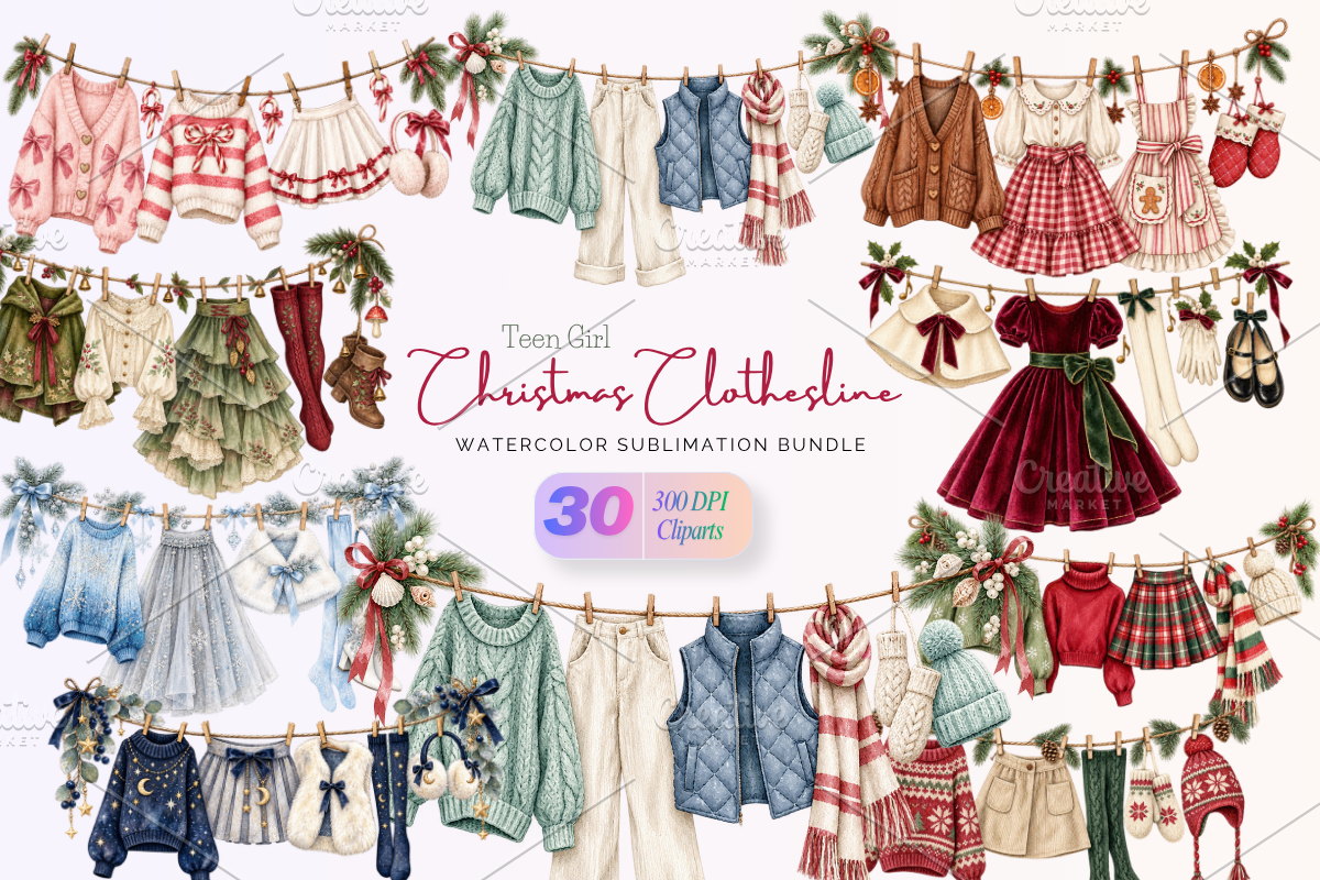 Girl Christmas Clothesline Bundle, a Decorative Illustration by Ink Gallery (Photo 1 of 6)