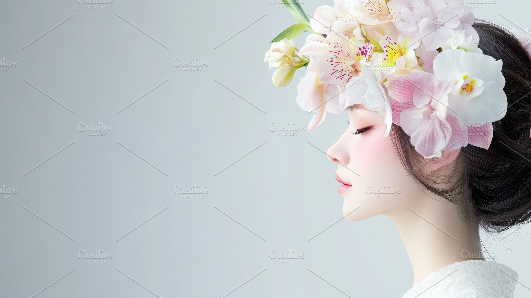 A side profile of a woman with pink makeup and an orchid flower in her hair, is, a Person Photo by Mashimara