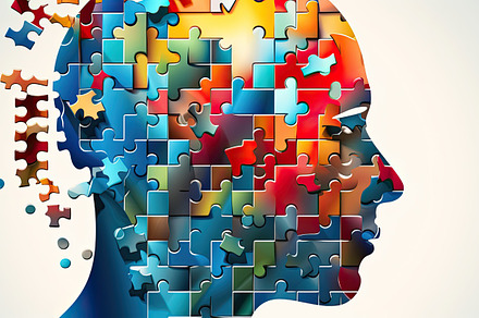 Image of a human head made up of puzzle pieces with vivid colors. Generative AI, a Background Photo by José Manuel Gelpi